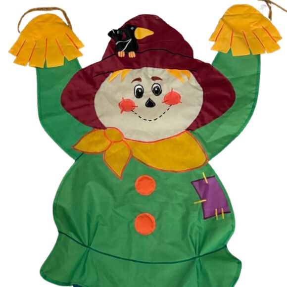 Vintage Nylon Outdoor 3D Embroidered Applique Cut Out 29"x43" Scarecrow Flag - Picture 2 of 3